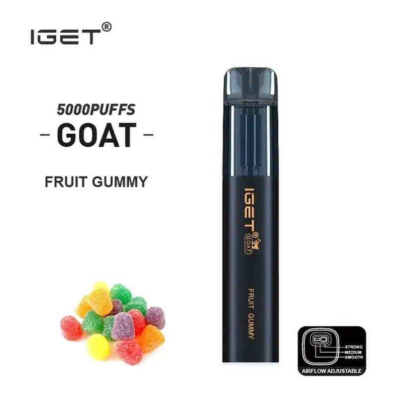 IGET Goat 5000 puffs disposable vape with a matte rubberised grip body held between two fingers