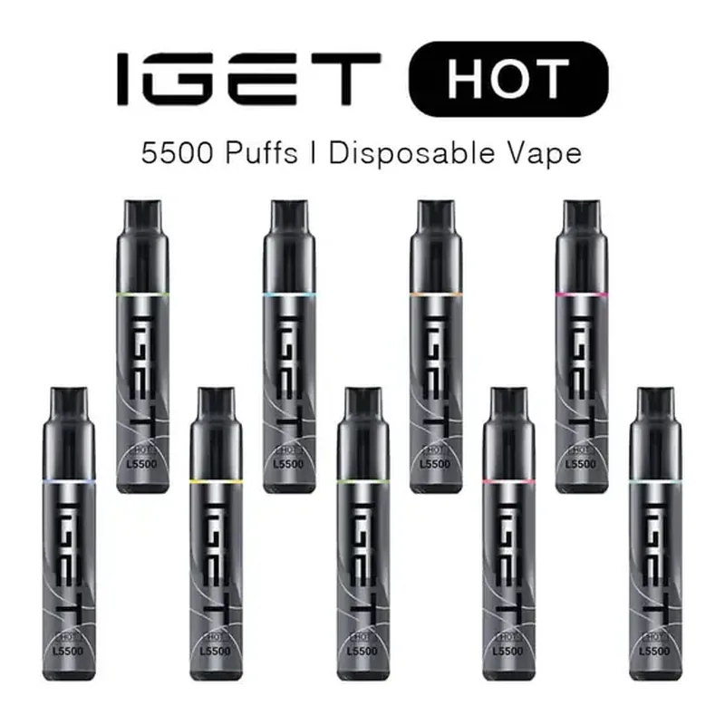 IGET Hot 5500 puffs disposable vape, a tall slim cylinder with a brushed metallic finish standing upright