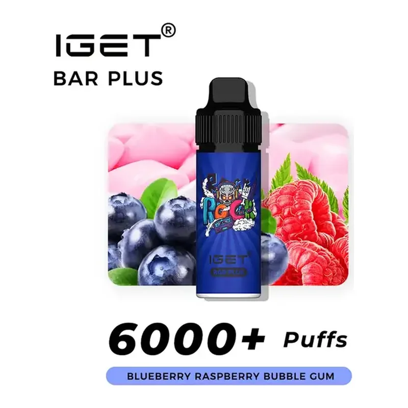IGET Bar Plus S3 6000 Kit Blueberry Raspberry Bubble Gum disposable vape photographed front on against a white background