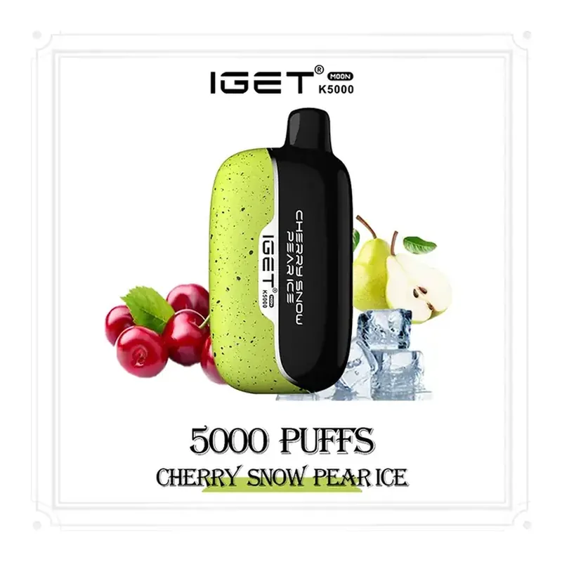 Front view of the IGET Moon 5000 Cherry Snow Pear Ice disposable vape in Cherry Snow Pear Ice