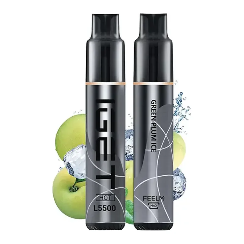 IGET Hot 5500 Green Plum Ice disposable vape photographed front on against a white background