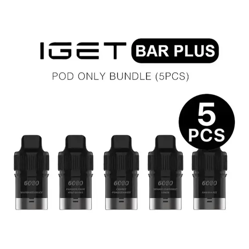 IGET Bar Plus S3 Pod Bundle 5 Pack disposable vape photographed front on against a white background