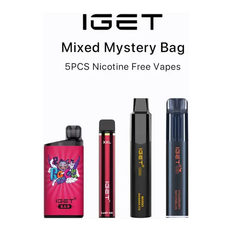 IGET Nicotine Free Vape Mystery Box 5 Pack bulk carton in Iget Nicotine Free Vape Mystery Box (5pcs), product photo on white
