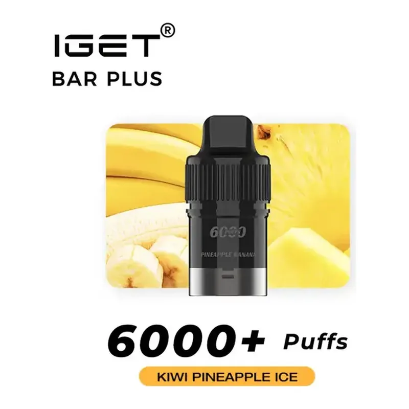 IGET Bar Plus S3 Pods 6000 Kiwi Pineapple Ice disposable vape shown upright on a plain white background