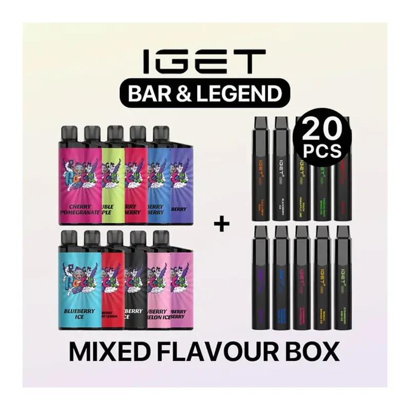 Mixed Flavour Box - IGET Bar & Legend 20 Pack bulk carton in Mixed Flavour Box, product photo on white