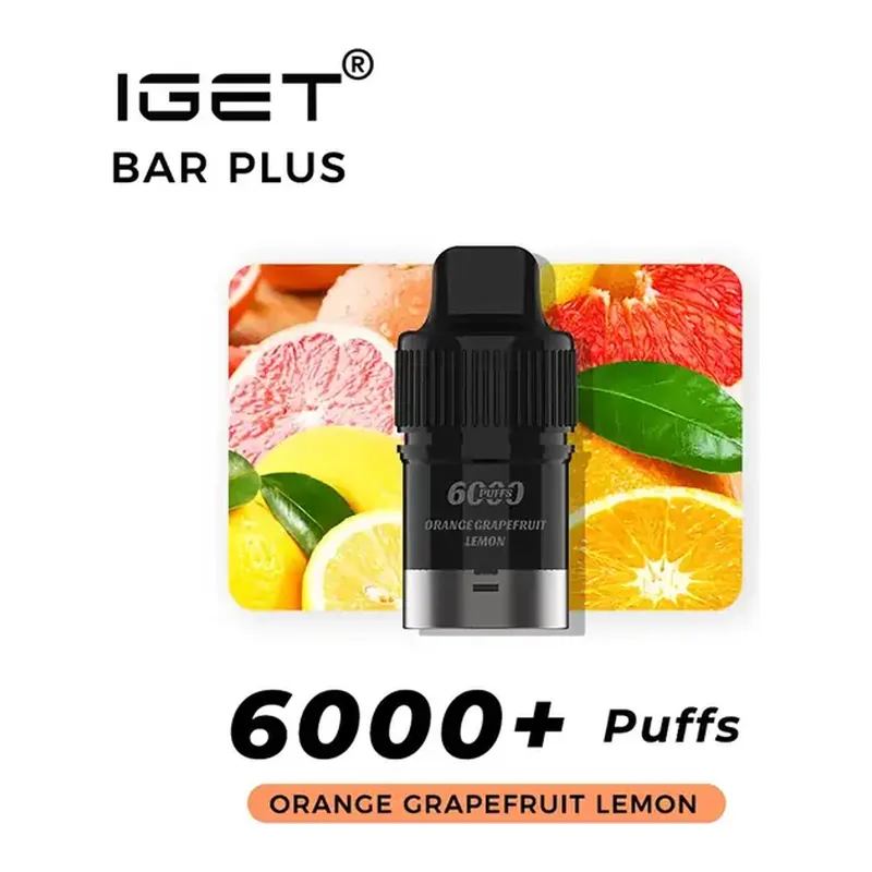 Front view of the IGET Bar Plus S3 Pods 6000 Orange Grapefruit Lemon disposable vape in Orange Grapefruit Lemon