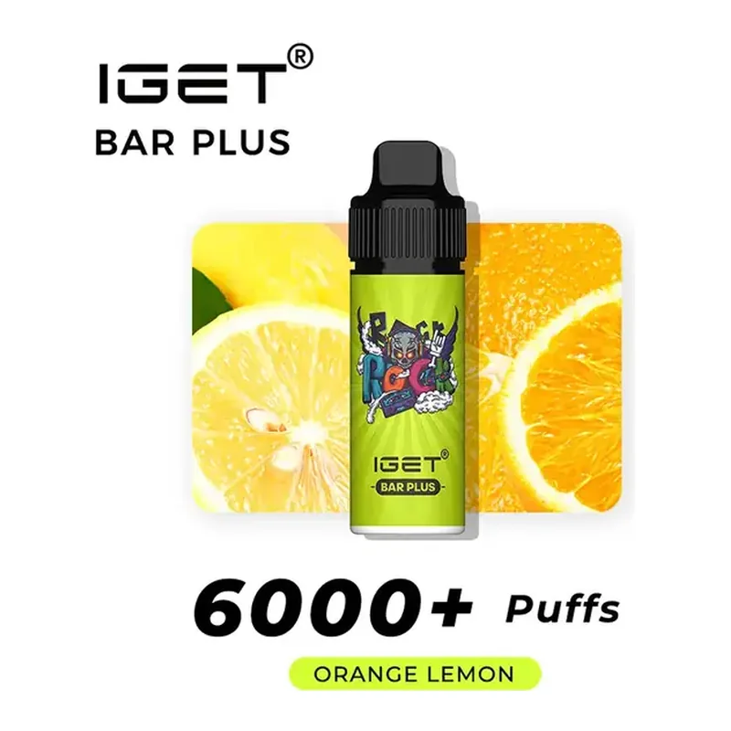Front view of the IGET Bar Plus S3 6000 Kit Orange Lemon disposable vape in Orange Lemon