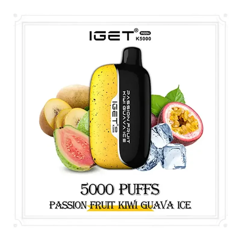 Front view of the IGET Moon 5000 Passion Fruit Kiwi Guava Ice disposable vape in Passion Fruit Kiwi Guava Ice