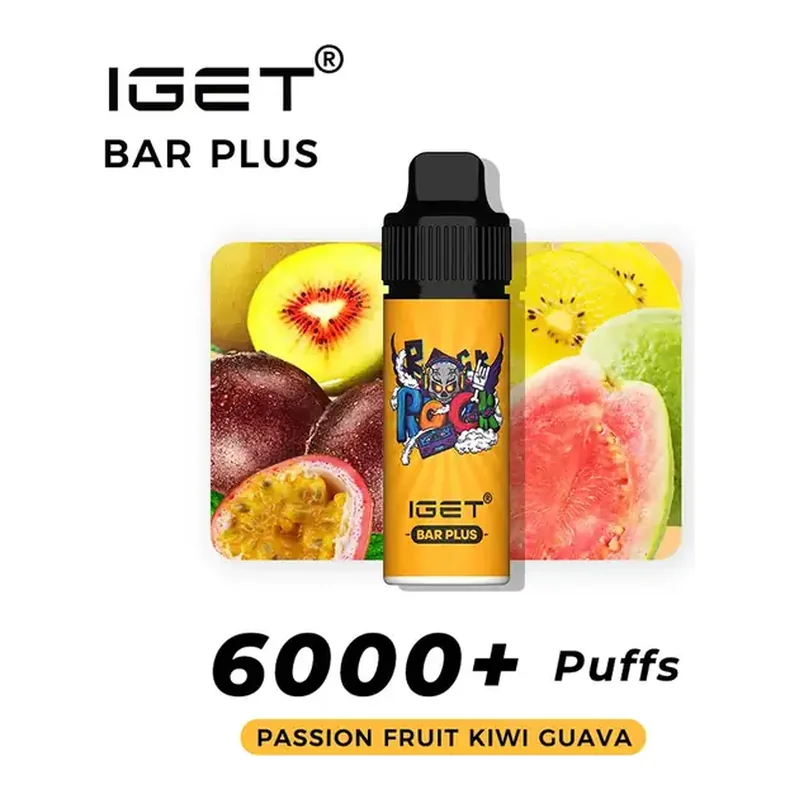 IGET Bar Plus S3 6000 Kit Passion Fruit Kiwi Guava disposable vape photographed front on against a white background