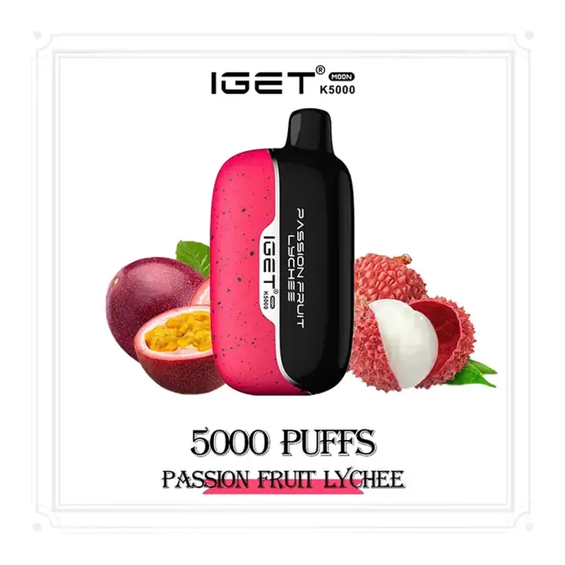 IGET Moon 5000 Passion Fruit Lychee disposable vape shown upright on a plain white background
