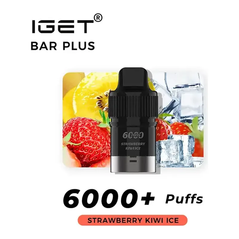 Front view of the IGET Bar Plus S3 Pods 6000 Strawberry Kiwi Ice disposable vape in Strawberry Kiwi Ice