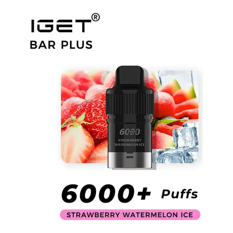 Front view of the IGET Bar Plus S3 Pods 6000 Strawberry Watermelon Ice disposable vape in Strawberry Watermelon Ice