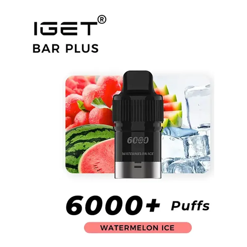 IGET Bar Plus S3 Pods 6000 Watermelon Ice disposable vape shown upright on a plain white background